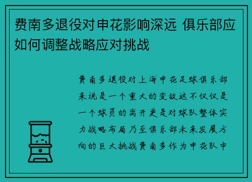 费南多退役对申花影响深远 俱乐部应如何调整战略应对挑战