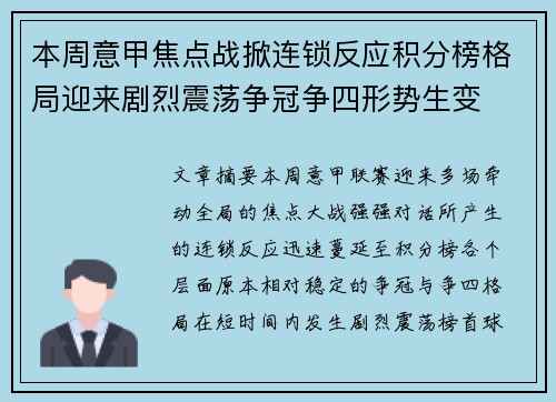 本周意甲焦点战掀连锁反应积分榜格局迎来剧烈震荡争冠争四形势生变